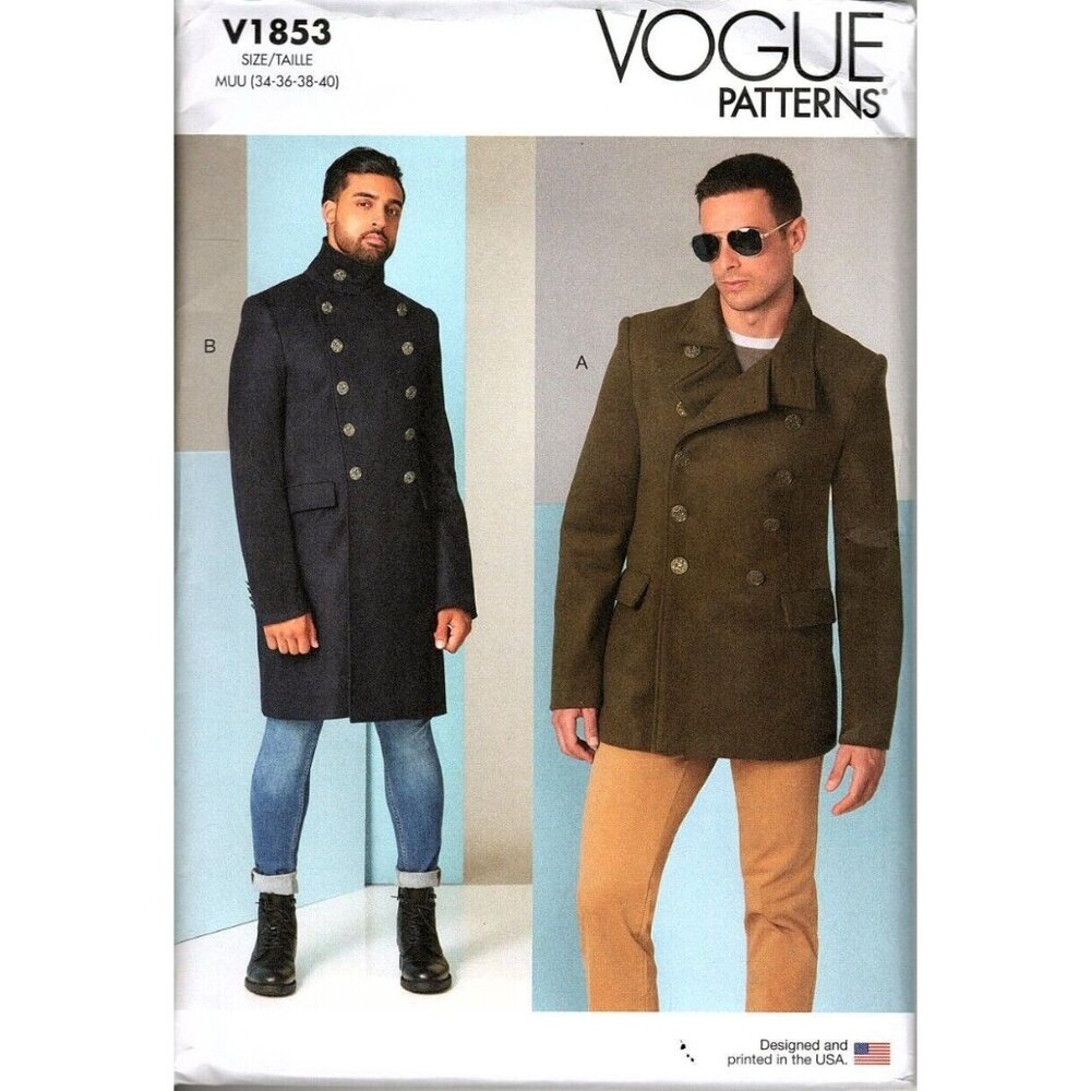 Vogue V1853 Mens 34 to 40 Lined Double Breasted Coat Uncut Sewing Pattern